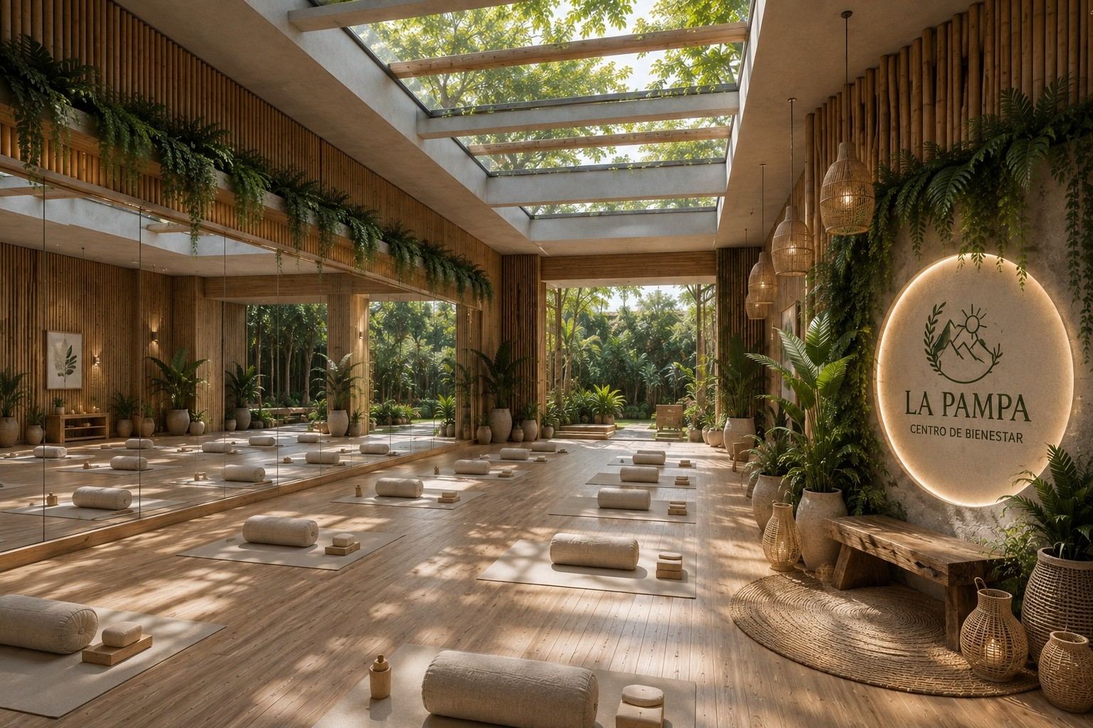 Salón de prácticas con piso de madera, cojines de meditación, paredes de bambú, plantas y una claraboya con vista a los árboles.